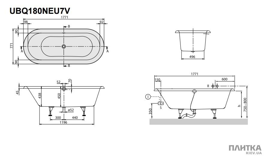 Кварилова ванна Villeroy&Boch Nexus BQ180NEU7V-01 180x80 см білий