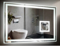 Зеркало Liberta Moreno Зеркало с подсветкой выключатель часы TOUCH dimmer по центру, подогрев, линза х 5 квадратная с подсветкой справа, полотно бриллиант 4 мм, 900х700 серебристый